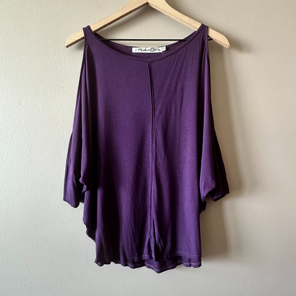 Women's OS Michael Stars Cold Shoulder Deep Purple Top Dolman Sleeve Scoop Neck - Picture 2 of 8